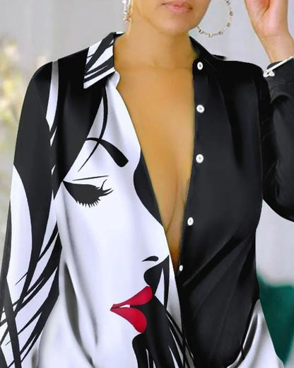 Casual Letter Print Long Sleeve Shirt Dress with Turn-down Collar