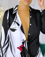 Casual Letter Print Long Sleeve Shirt Dress with Turn-down Collar