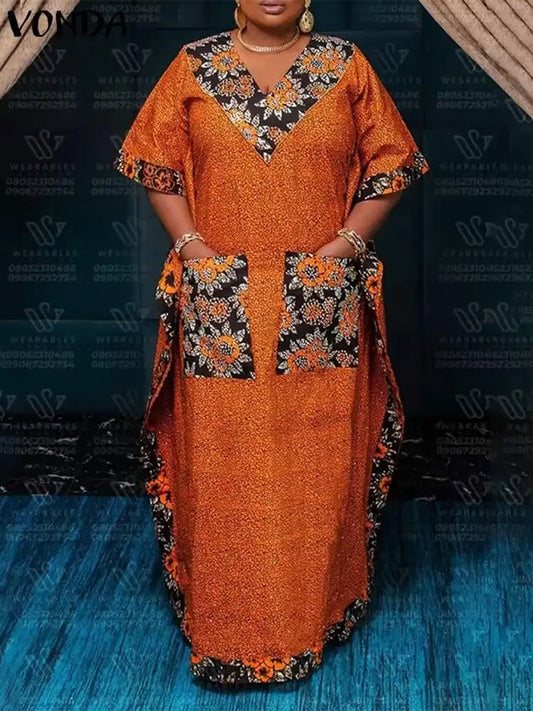 VONDA Bohemian V-Neck Maxi Sundress