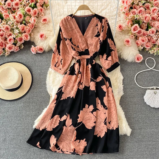 Women's Floral Chiffon Midi Dress – V-Neck Summer Elegance