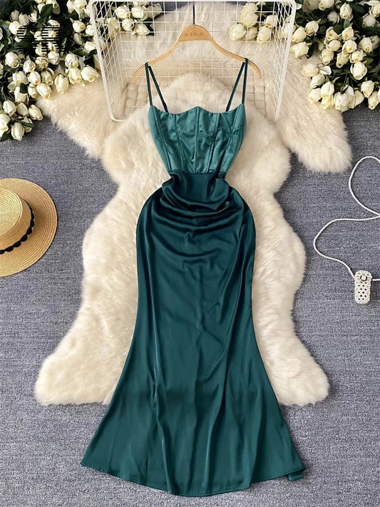Elegant Satin Spaghetti Strap Backless Bodycon Dress