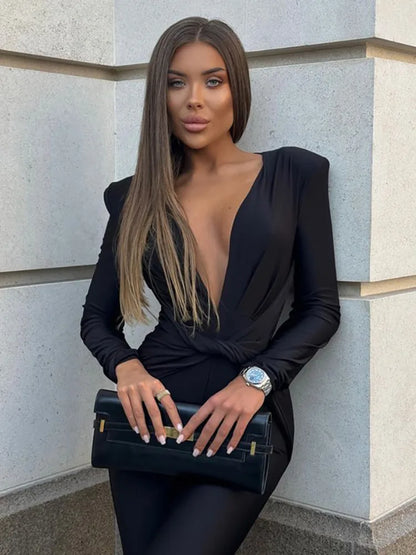 Elegant Black Deep V-Neck Jumpsuit – Long Sleeve Slim Fit