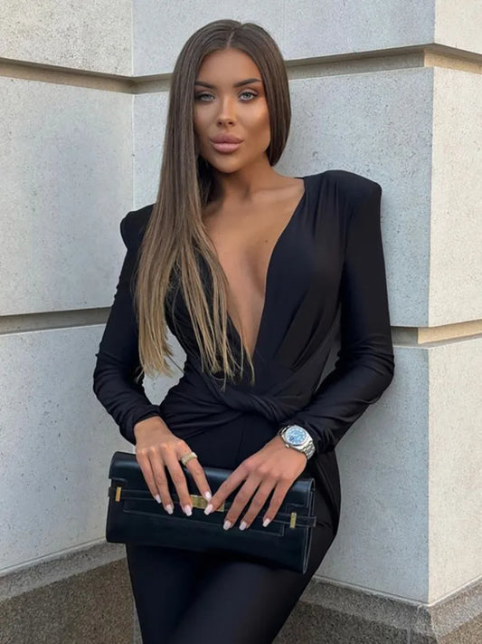 Elegant Black Deep V-Neck Jumpsuit – Long Sleeve Slim Fit
