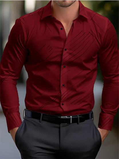 Men's Solid Color Formal Button-up Shirt – Long Sleeve Striped Lapel