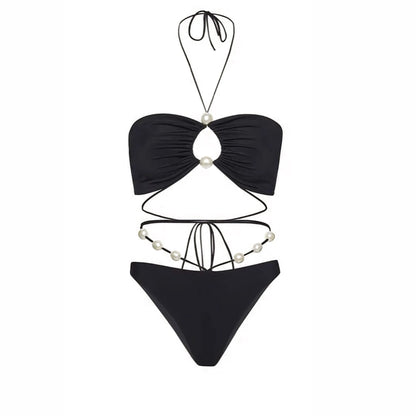 3Pcs White Pearl Bikini Set with Cover-Up