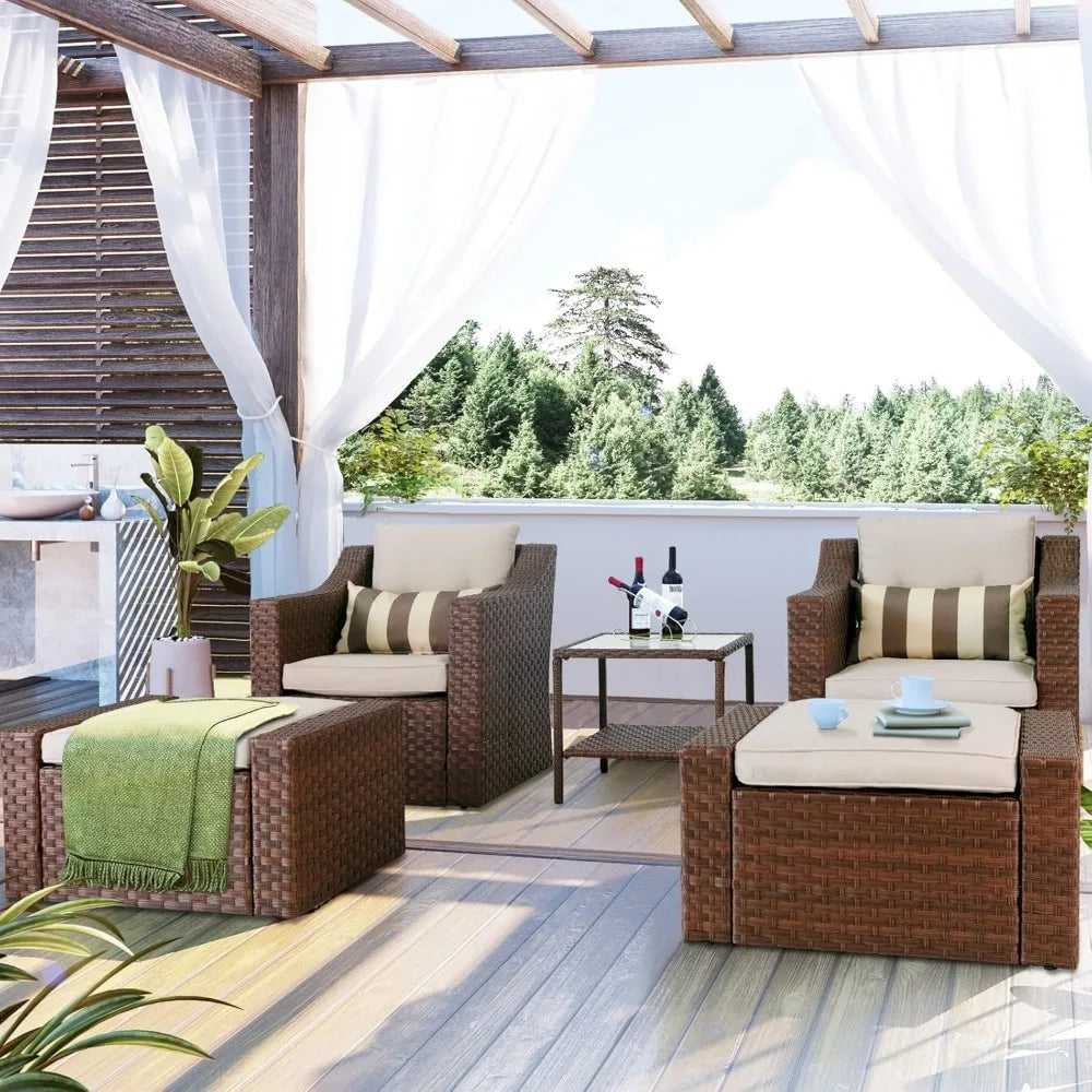 Wicker Lounge Chairs, Ottoman, Loveseat, and Glass Coffee Table