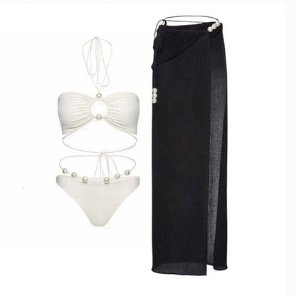 3Pcs White Pearl Bikini Set with Cover-Up
