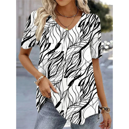 Women’s 3D Flower Print V-Neck Oversized Summer Tee