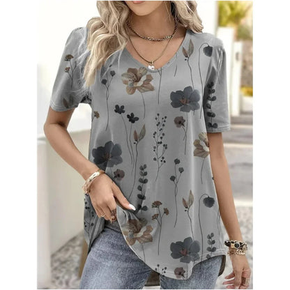 Women’s 3D Flower Print V-Neck Oversized Summer Tee