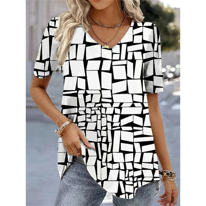 Women’s 3D Flower Print V-Neck Oversized Summer Tee