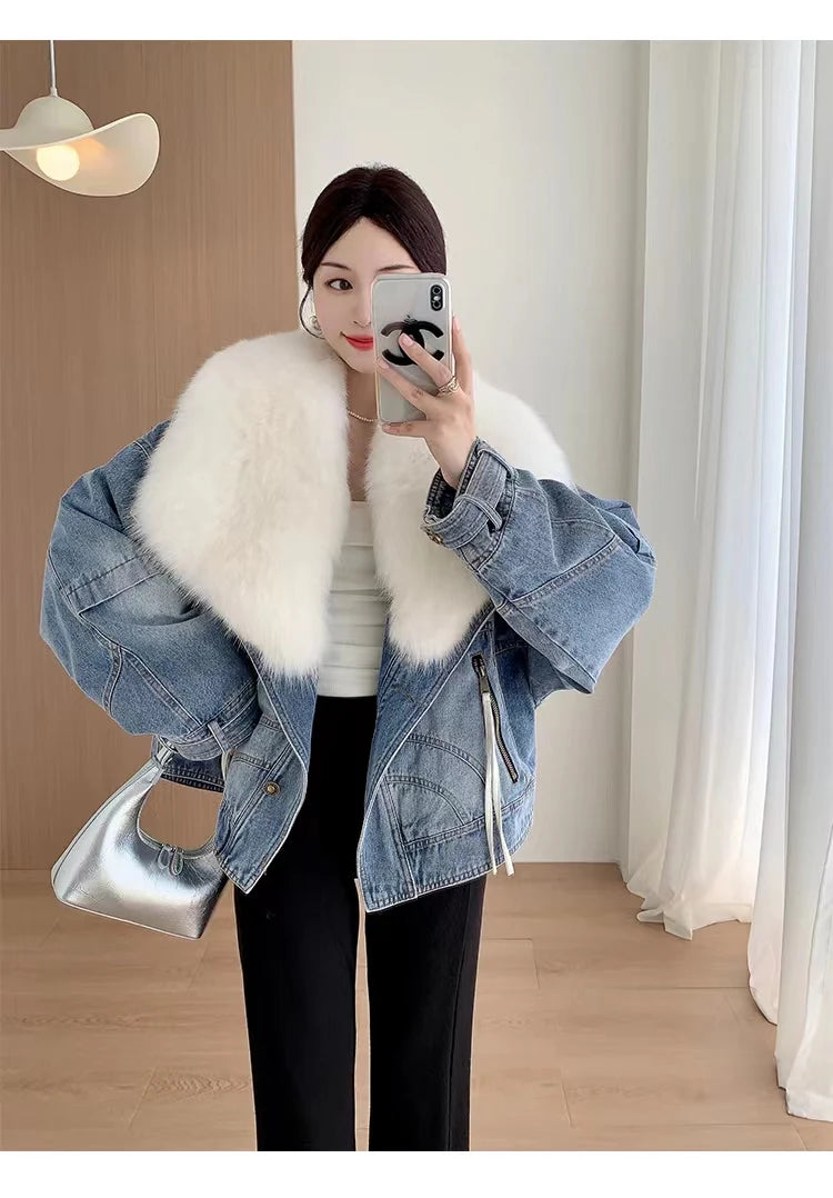 Luxury Women's Fox Fur Collar Goose Down Denim Jacket