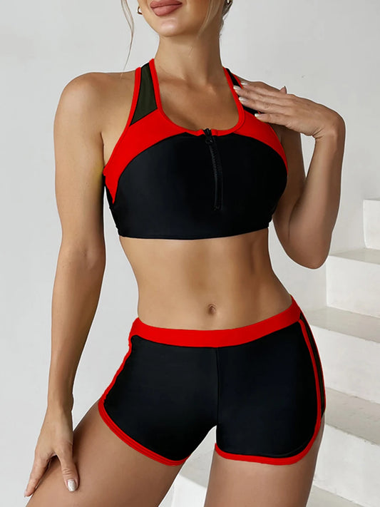 Women's Zipper Bikini Set Two Piece Swimsuit with Shorts Beachwear
