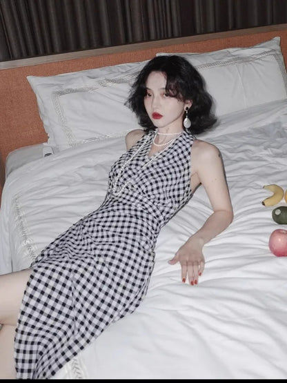Korean Elegant Plaid Sleeveless V-Neck Summer Dress for Women
