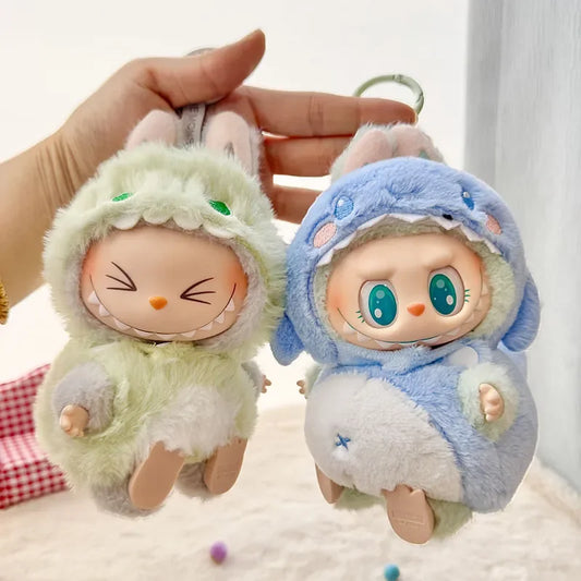 Labubu Dinosaur & Shark Plush Doll Set with Rubber Keychain