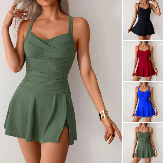 Tummy Control One-Piece Swim Dress for Women with Stylish Back Design