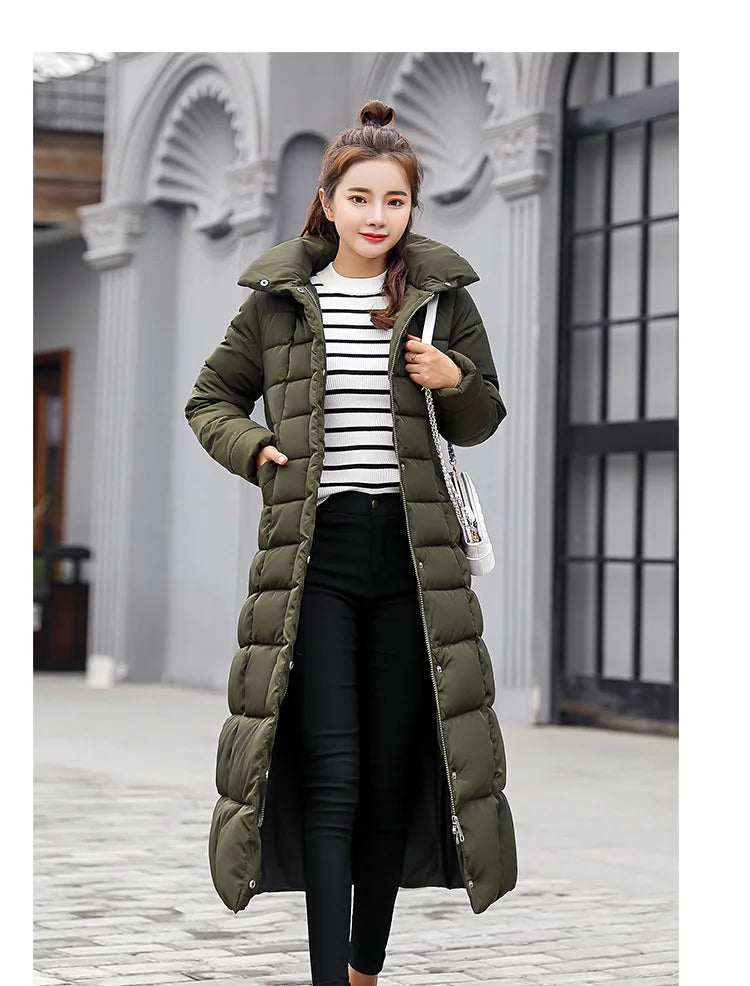 Women's Long Over-Knee Winter Parka with Fur Hood