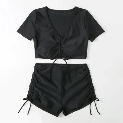 Women’s V-Neck Bikini Set with High Waist Drawstring Swim Shorts
