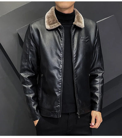 Winter Motorcycle Leather Jacket with Fur Collar