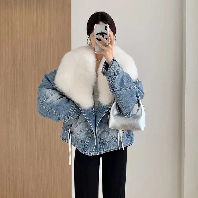 Luxury Women's Fox Fur Collar Goose Down Denim Jacket