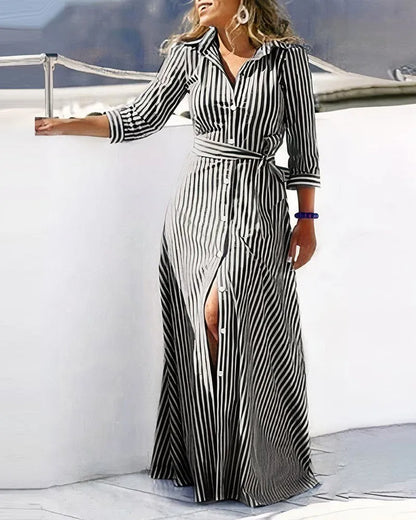 Lace-Up Turn Down Collar Maxi Dress