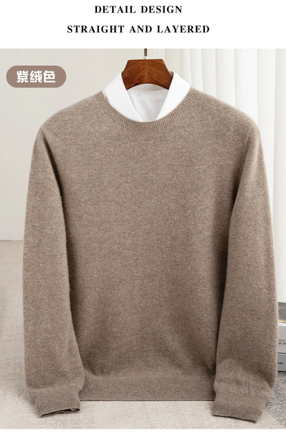 Pure Wool Men's Slim-Fit Round Neck O-Neck Cashmere Sweater