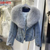 Luxury Women's Fox Fur Collar Goose Down Denim Jacket