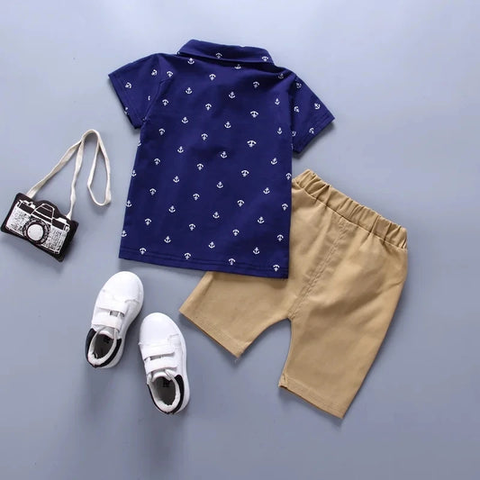 2PCS Baby Summer Set – Boys' Boat & Anchor Print Short Sleeve & Shorts