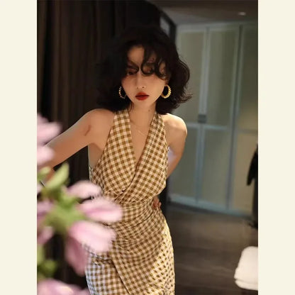 Korean Elegant Plaid Sleeveless V-Neck Summer Dress for Women