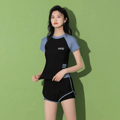 Women’s Two Piece Short Sleeve Swimsuit with Shorts for Beach and Pool