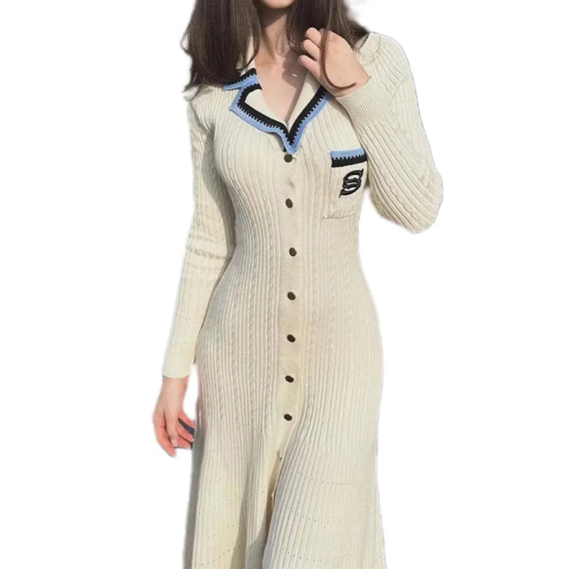 Letter Single Breasted Long Sleeve Vintage Sweater Dress