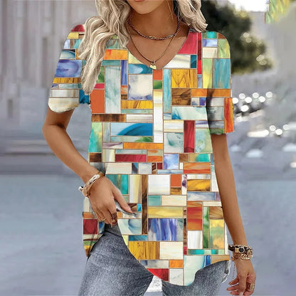 Women’s 3D Flower Print V-Neck Oversized Summer Tee