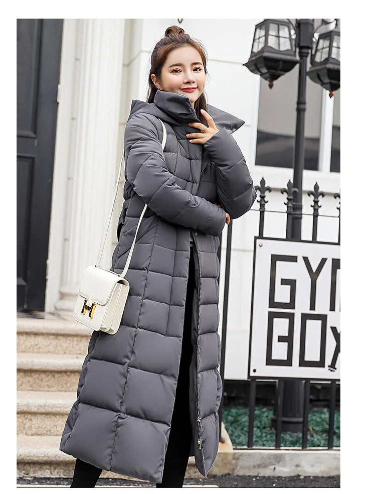 Women's Long Over-Knee Winter Parka with Fur Hood