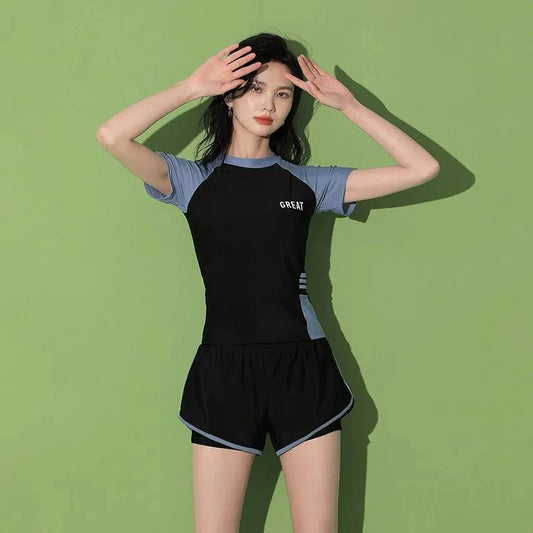 Women’s Two Piece Short Sleeve Swimsuit with Shorts for Beach and Pool