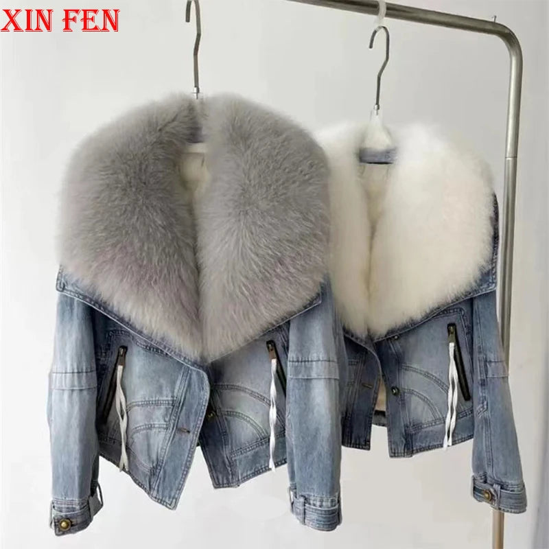 Luxury Women's Fox Fur Collar Goose Down Denim Jacket