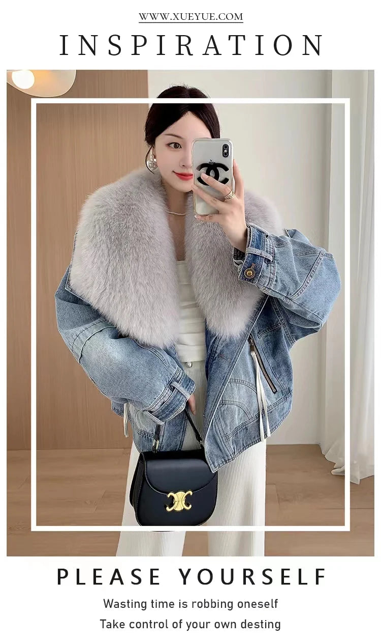 Luxury Women's Fox Fur Collar Goose Down Denim Jacket