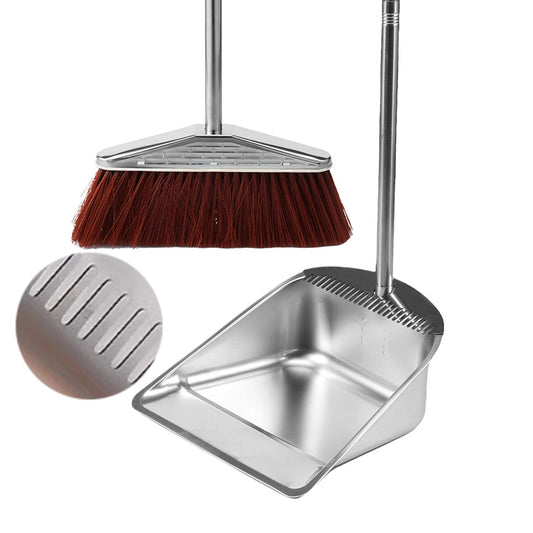 Long Handle Broom and Dustpan Set with Stainless Steel Pole for Home Cleaning