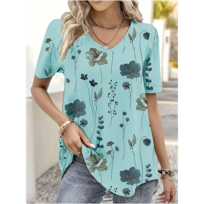 Women’s 3D Flower Print V-Neck Oversized Summer Tee