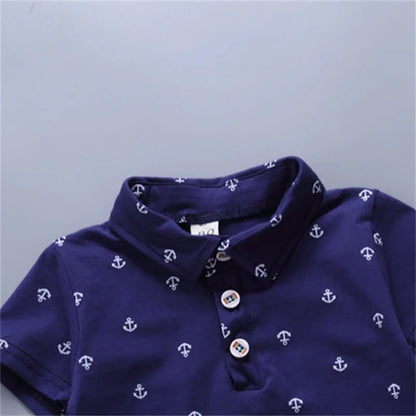 2PCS Baby Summer Set – Boys' Boat & Anchor Print Short Sleeve & Shorts