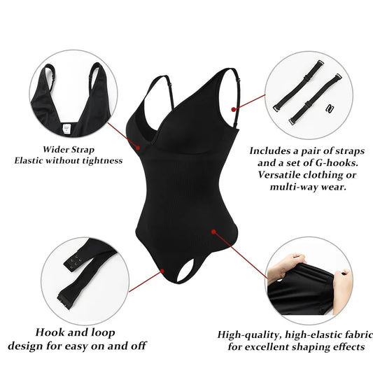 Deep V Halter Bodysuit – Tummy Control & Adjustable Straps