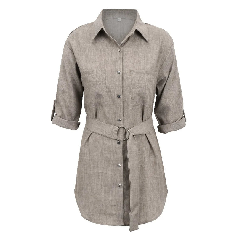 Elegant Women's Mini Shirt Dress with Deep V-neck & 3/4 Sleeves