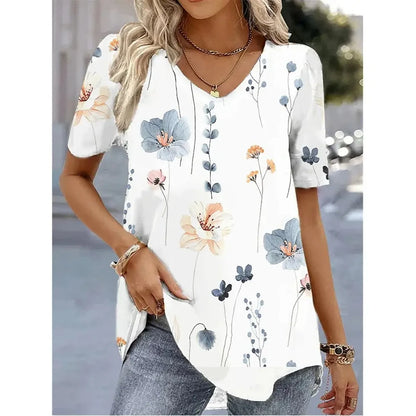 Women’s 3D Flower Print V-Neck Oversized Summer Tee