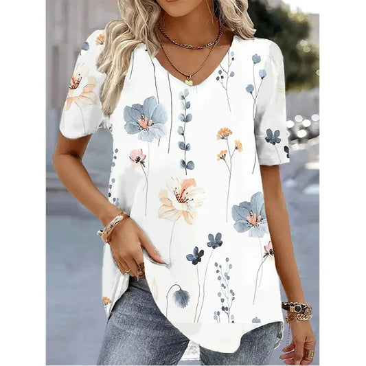 Women’s 3D Flower Print V-Neck Oversized Summer Tee