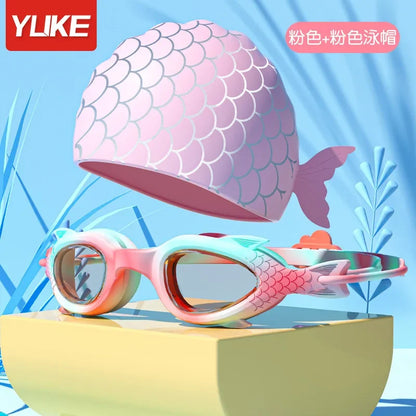 Kids Silicone Swimming Goggles with Cap for Boys and Girls Water Sports