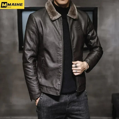 Winter Motorcycle Leather Jacket with Fur Collar