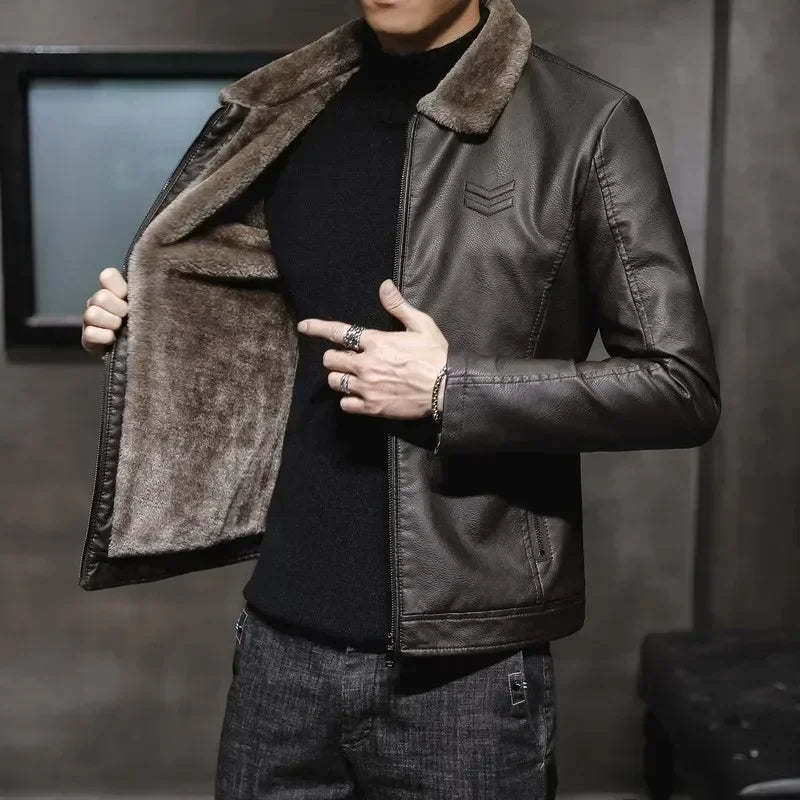 Winter Motorcycle Leather Jacket with Fur Collar