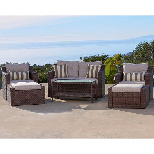 Wicker Lounge Chairs, Ottoman, Loveseat, and Glass Coffee Table