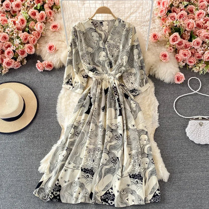 Women's Floral Chiffon Midi Dress – V-Neck Summer Elegance