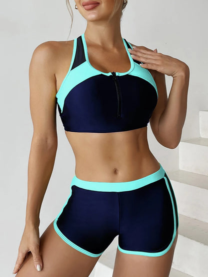Women's Zipper Bikini Set Two Piece Swimsuit with Shorts Beachwear