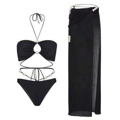 3Pcs White Pearl Bikini Set with Cover-Up