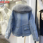 Luxury Women's Fox Fur Collar Goose Down Denim Jacket